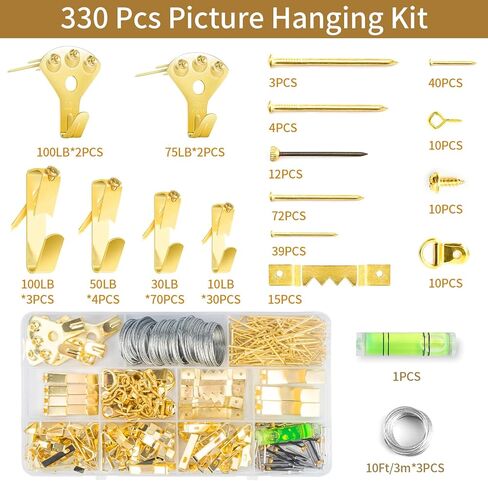 Picture Hanging Assortment Kit, 330PCS Picture Hanging Kit, Picture Hangers, Picture Hanging Hooks, with Sawtooth, Screw Eyes, D Rings, Nails, Screws, Steel Wire,10-100lb Frame Hanging Hardware in Kuwait