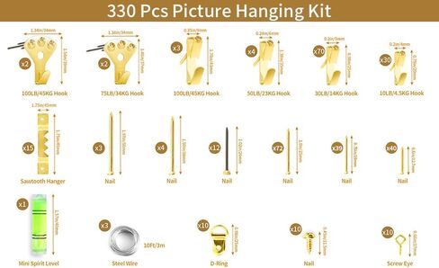 Picture Hanging Assortment Kit, 330PCS Picture Hanging Kit, Picture Hangers, Picture Hanging Hooks, with Sawtooth, Screw Eyes, D Rings, Nails, Screws, Steel Wire,10-100lb Frame Hanging Hardware in Kuwait