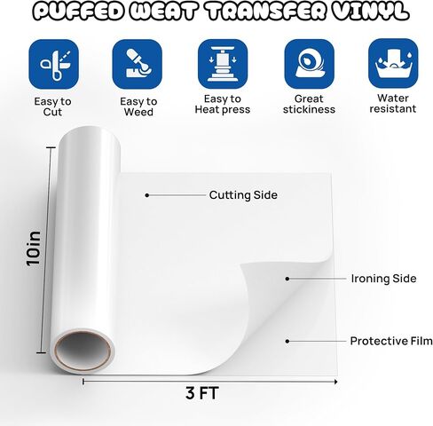 نقل الحرارة من الفينيل الأبيض المنتفخ، 25.4 سم × 3 أقدام من الفينيل الأبيض المنتفخ، لفافة فينيل نقل الحرارة ثلاثية الأبعاد للقمصان التي تصنعها بنفسك، HTV منتفخ أبيض متوافق مع آلة Cricut أو الضغط الحراري، سهل القطع والأعشاب in Kuwait