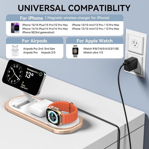 3 in 1 Wireless Charger for iPhone, Magnetic Foldable Charging Station for Magsafe for iPhone 15/14/13/12/Pro Max/Pro/Mini/Plus, Apple Watch 9/8/7/SE/6/5/4/3/2/1/Ultra2/Ultra, AirPods pro/2/3 (Black) in Saudi Arabia