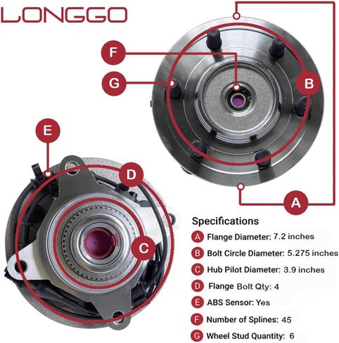 [مجموعة من 2] Longgo 515043 محور العجلة الأمامية ومجموعة المحمل متوافقة مع 4WD 4x4 2000-2006 Ford Expedition، 00-06 Lincoln Navigator - 6 عروات مع ABS in Kuwait