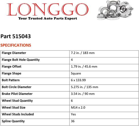 [مجموعة من 2] Longgo 515043 محور العجلة الأمامية ومجموعة المحمل متوافقة مع 4WD 4x4 2000-2006 Ford Expedition، 00-06 Lincoln Navigator - 6 عروات مع ABS in Kuwait