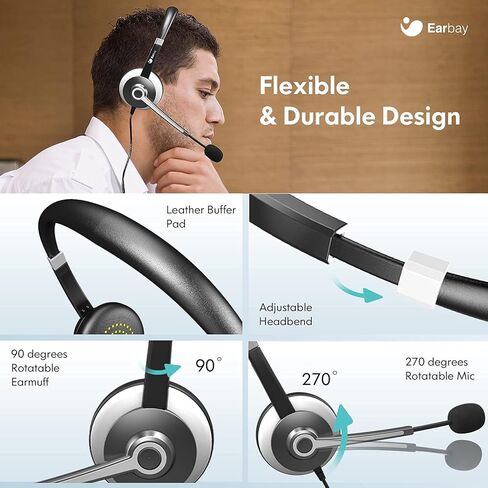 سماعة رأس Earbay USB مع ميكروفون للكمبيوتر الشخصي، سماعة كمبيوتر مع ميكروفون لإلغاء الضوضاء للكمبيوتر المحمول، مقبس 3.5 ملم سماعات رأس سلكية على الأذن مع ميكروفون، التحكم في مستوى الصوت لمركز الاتصال/سكايب/تكبير/ندوة عبر الإنترنت in Kuwait