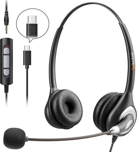 USB C Headset with Microphone for for Laptop/Mac Phone,3.5mm/USB-C 2-in-1 Headset,Noise Cancelling & Audio Controls Wired Headset for Skype Zoom UC Webinar Business Call Center Home Office,Binaural in Saudi Arabia