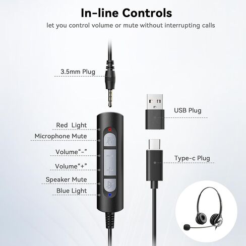 USB C Headset with Microphone for for Laptop/Mac Phone,3.5mm/USB-C 2-in-1 Headset,Noise Cancelling & Audio Controls Wired Headset for Skype Zoom UC Webinar Business Call Center Home Office,Binaural in Saudi Arabia
