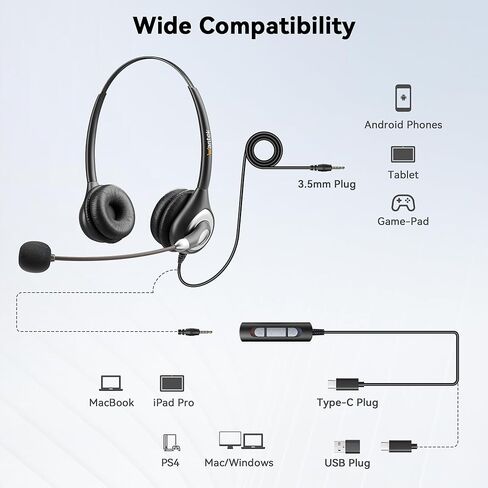 USB C Headset with Microphone for for Laptop/Mac Phone,3.5mm/USB-C 2-in-1 Headset,Noise Cancelling & Audio Controls Wired Headset for Skype Zoom UC Webinar Business Call Center Home Office,Binaural in Saudi Arabia