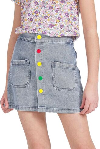 FERWANG Girls Lightweight Denim Button Front Casual Skirt High Elastic Waist Jean Girlfriend Shorts with Pocket in Saudi Arabia