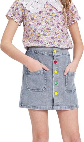 FERWANG Girls Lightweight Denim Button Front Casual Skirt High Elastic Waist Jean Girlfriend Shorts with Pocket in Saudi Arabia