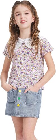 FERWANG Girls Lightweight Denim Button Front Casual Skirt High Elastic Waist Jean Girlfriend Shorts with Pocket in Saudi Arabia
