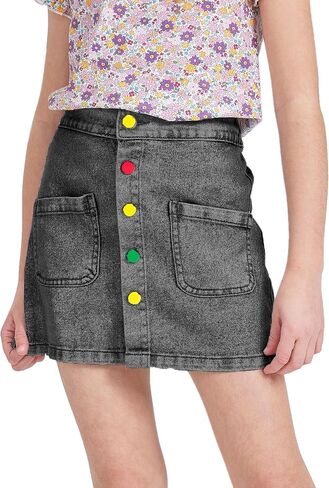 FERWANG Girls Lightweight Denim Button Front Casual Skirt High Elastic Waist Jean Girlfriend Shorts with Pocket in Saudi Arabia