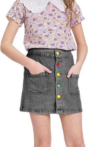 FERWANG Girls Lightweight Denim Button Front Casual Skirt High Elastic Waist Jean Girlfriend Shorts with Pocket in Saudi Arabia