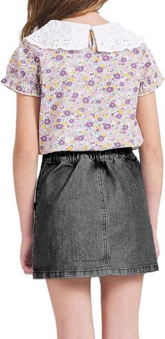 FERWANG Girls Lightweight Denim Button Front Casual Skirt High Elastic Waist Jean Girlfriend Shorts with Pocket in Saudi Arabia