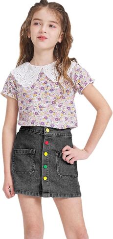 FERWANG Girls Lightweight Denim Button Front Casual Skirt High Elastic Waist Jean Girlfriend Shorts with Pocket in Saudi Arabia