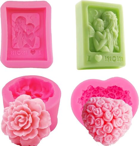 3 قطع عيد الأم فندان سيليكون قالب 3D روز قرنفل سيليكون قالب الأم الطفل الحب شكل قلب صابون فندان قالب الكعكة الراتنج قالب شمعة لحلوى الشوكولاته هدية عيد الأم تزيين الكعكة in Kuwait