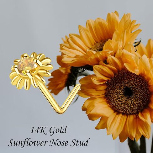 14K Gold Sunflower/Daisy/Heart Nose Stud Solid 14K Yellow Gold Sunflower Piercing Jewelry Sunflower Gifts for Women Girls in Saudi Arabia
