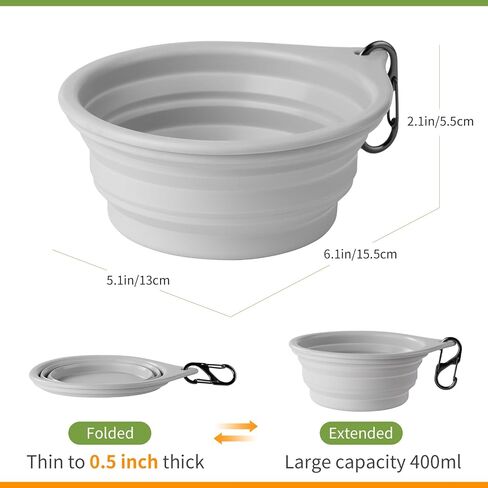 Collapsible Dog Travel Bowls (13oz/350ml), 100% Food Grade Silicone Integrated Molding, No Plastic Rim, Portable Pet Feeding Watering Dishes for Outdoors with Clasp, BPA Free (Light Grey) in Saudi Arabia