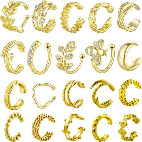 K & Y 20 قطعة 14K الكفة أقراط غير ثقب الأذن هوب أقراط كليب على الغضروف القرط Huggie قابل للتعديل للنساء رجل طقم مجوهرات in Kuwait