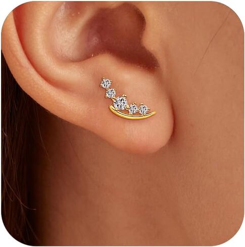 IPEPPY 14K Gold Plated Moon Crawler Earrings Dainty 925 Sterling Silver Small Cartilage CZ Stud Earring for Women Hypoallergenic Climber Earrings Jewelry Mother's Day Birthday Gifts in Kuwait