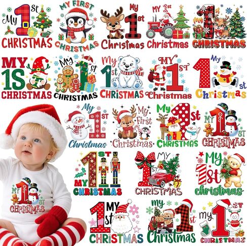 Dazoratix Babys First Christmas Transfers - 20 ورقة My 1 st Xmas الحديد على الرقع DTF جاهزة للضغط على تصميمات الحرارة ملصقات الفينيل لرجل الثلج الزنجبيل الشارات تي شيرت الملابس الملابس وسادة الحرف اليدوية DIY in Kuwait