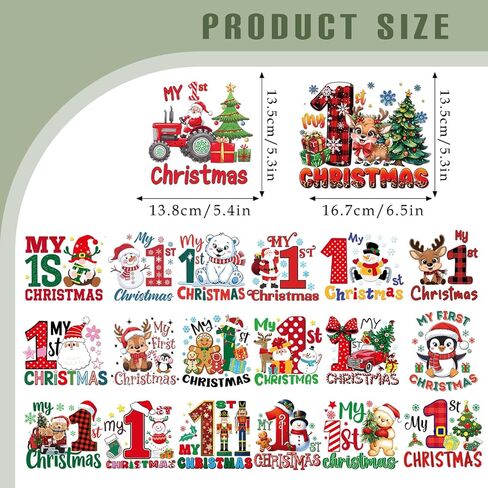 Dazoratix Babys First Christmas Transfers - 20 ورقة My 1 st Xmas الحديد على الرقع DTF جاهزة للضغط على تصميمات الحرارة ملصقات الفينيل لرجل الثلج الزنجبيل الشارات تي شيرت الملابس الملابس وسادة الحرف اليدوية DIY in Kuwait