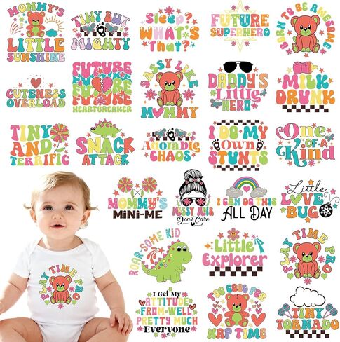 Dazoratix Baby Iron on Transfers - 25 Sheets Cute Baby Shower DTF Ready to Press Heat Patches for Onesies Colorful Newborn Decals Toddler Vinyl Stickersfor Bodysuit Bibs T-Shirts Clothes DIY Crafts in Saudi Arabia