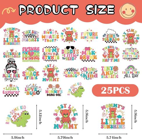 Dazoratix Baby Iron on Transfers - 25 Sheets Cute Baby Shower DTF Ready to Press Heat Patches for Onesies Colorful Newborn Decals Toddler Vinyl Stickersfor Bodysuit Bibs T-Shirts Clothes DIY Crafts in Saudi Arabia