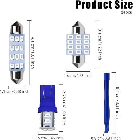 24 قطعة مجموعة مصابيح LED الداخلية للسيارة 194 T10 DE3175 578 31 مم 41 مم لمبات LED مصابيح بديلة داخلية لخريطة السيارة ولوحة ترخيص الباب وإضاءة القبة الجانبية (أزرق) in Kuwait