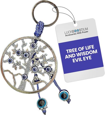 LUCKBOOSTIUM Evil Eye Car Hanging Ornament & Keychain Silver Cross w/Blue Crystal Rhinestones & Blue White Black Resin Sign of Good Luck & Blessing, Cute Charm for Home Keys, Office, Bag, Good Luck in Saudi Arabia