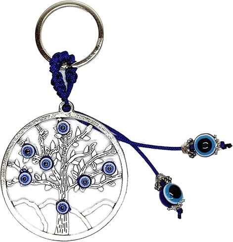 LUCKBOOSTIUM Evil Eye Car Hanging Ornament & Keychain Silver Cross w/Blue Crystal Rhinestones & Blue White Black Resin Sign of Good Luck & Blessing, Cute Charm for Home Keys, Office, Bag, Good Luck in Saudi Arabia