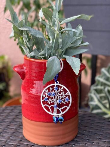 LUCKBOOSTIUM Evil Eye Car Hanging Ornament & Keychain Silver Cross w/Blue Crystal Rhinestones & Blue White Black Resin Sign of Good Luck & Blessing, Cute Charm for Home Keys, Office, Bag, Good Luck in Saudi Arabia
