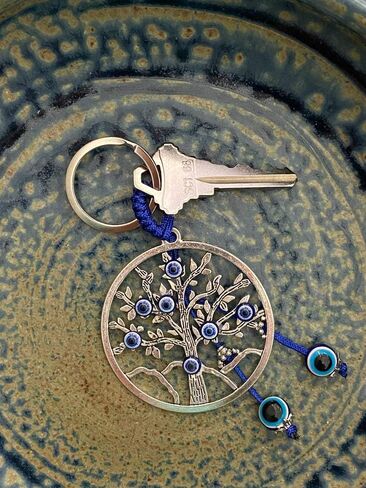 LUCKBOOSTIUM Evil Eye Car Hanging Ornament & Keychain Silver Cross w/Blue Crystal Rhinestones & Blue White Black Resin Sign of Good Luck & Blessing, Cute Charm for Home Keys, Office, Bag, Good Luck in Saudi Arabia