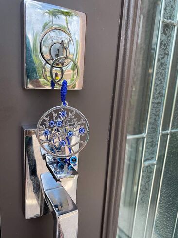 LUCKBOOSTIUM Evil Eye Car Hanging Ornament & Keychain Silver Cross w/Blue Crystal Rhinestones & Blue White Black Resin Sign of Good Luck & Blessing, Cute Charm for Home Keys, Office, Bag, Good Luck in Saudi Arabia