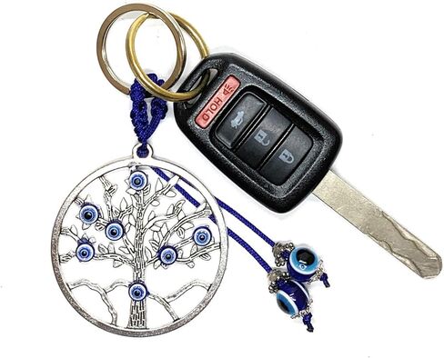 LUCKBOOSTIUM Evil Eye Car Hanging Ornament & Keychain Silver Cross w/Blue Crystal Rhinestones & Blue White Black Resin Sign of Good Luck & Blessing, Cute Charm for Home Keys, Office, Bag, Good Luck in Saudi Arabia