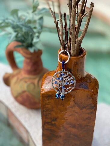 LUCKBOOSTIUM Evil Eye Car Hanging Ornament & Keychain Silver Cross w/Blue Crystal Rhinestones & Blue White Black Resin Sign of Good Luck & Blessing, Cute Charm for Home Keys, Office, Bag, Good Luck in Saudi Arabia