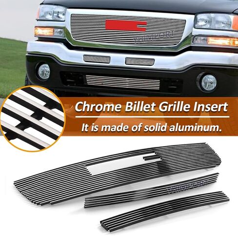 Fits 2003-2006 GMC Sierra 1500/2500HD/3500 Polished Chrome Billet Grille Insert Combo w/Logo Show Replace Part in Saudi Arabia