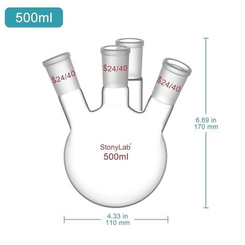 stonylab 4 Neck Round Bottom Flask RBF, Heavy Wall 4 Neck Lab Flask Borosilicate Glass Round Bottom Boiling Flask with 24/40 Standard Taper Outer Joint, 1000 ml in Kuwait