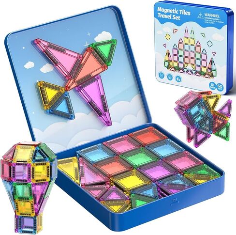 60-Piece Mini Magnetic Tiles Set with Iron Box - Ideal Travel Puzzle Toys for Toddlers Aged 3-5, Montessori STEM Building Blocks, Educational Birthday Gift in Saudi Arabia