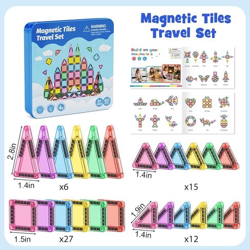60-Piece Mini Magnetic Tiles Set with Iron Box - Ideal Travel Puzzle Toys for Toddlers Aged 3-5, Montessori STEM Building Blocks, Educational Birthday Gift in Saudi Arabia