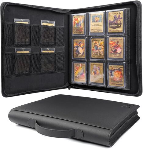 Trading Card Binder – PU Leather Toploader Binder with 288 Slots – 9 Pocket Top Loader Binder for Cards Compatible with Pokemon, MTG, AirTag Pocket – Matte Black Baseball Card Holder in Saudi Arabia
