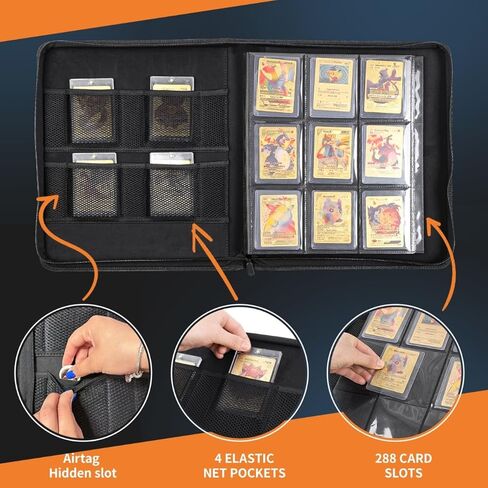 Trading Card Binder – PU Leather Toploader Binder with 288 Slots – 9 Pocket Top Loader Binder for Cards Compatible with Pokemon, MTG, AirTag Pocket – Matte Black Baseball Card Holder in Saudi Arabia