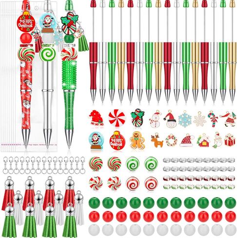 188 Pcs Christmas Beaded Pens Bulk,18Sets Christmas Pens Bulk with Christmas Focal Beads, Silicone Beads, Christmas Charms and Tassels, DIY Beadable Pens Gift for Office School Students in Saudi Arabia