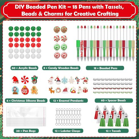 188 Pcs Christmas Beaded Pens Bulk,18Sets Christmas Pens Bulk with Christmas Focal Beads, Silicone Beads, Christmas Charms and Tassels, DIY Beadable Pens Gift for Office School Students in Saudi Arabia