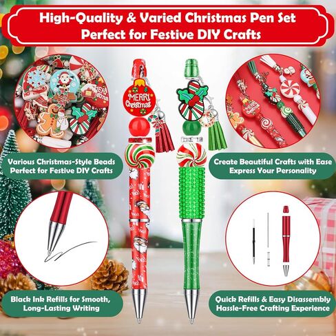 188 Pcs Christmas Beaded Pens Bulk,18Sets Christmas Pens Bulk with Christmas Focal Beads, Silicone Beads, Christmas Charms and Tassels, DIY Beadable Pens Gift for Office School Students in Saudi Arabia