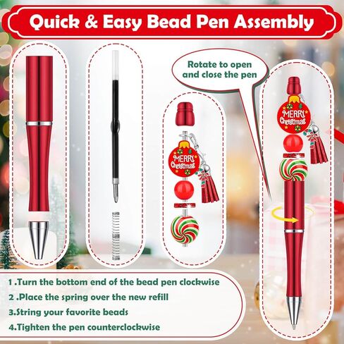 188 Pcs Christmas Beaded Pens Bulk,18Sets Christmas Pens Bulk with Christmas Focal Beads, Silicone Beads, Christmas Charms and Tassels, DIY Beadable Pens Gift for Office School Students in Saudi Arabia
