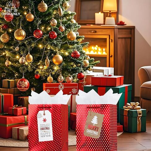 OFIHANLY 2 Pack 12.6" Medium Size Merry Christmas Gift Bags with Handles for Xmas Holiday Presents Red Paper Wrapping Bag with Tissue Paper in Saudi Arabia