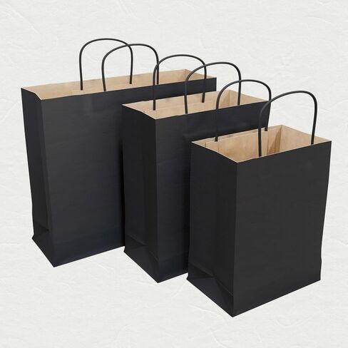 أكياس هدايا ورقية 250 قطعة من CUHMRODA مقاس 8.3x4.3x10.6 بوصة، أكياس تغليف هدايا سوداء صغيرة مع مقابض لحفلات الزفاف والمشاريع الحرفية وتغليف التجزئة in Kuwait