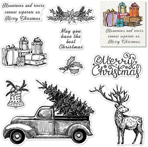 Christmas Gift Truck Clear Stamps for Card Making Decoration and Scrapbooking Supplies, Xmas Theme Blessing Words Transparent Rubber Stamps with Sentiment for Paper Card Photo Album Crafting Supplies in Saudi Arabia
