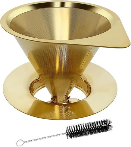 LHS Pour Over Coffee Dripper Stainless Steel Coffee Filter Metal Cone Filter Paperless Reusable Coffee Filter Single Cup Coffee Maker 1-2 Cup With Non-slip Cup Stand and Cleaning Brush in Kuwait