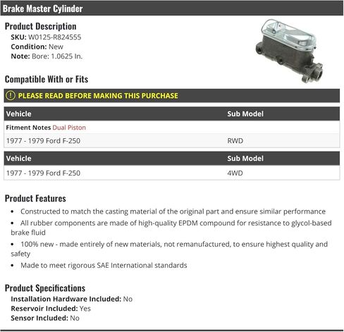 Brake Master Cylinder - 1.0625 Inch Bore - Compatible with 1977-1979 Ford F-250 in Saudi Arabia