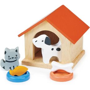 Mentari Toys - Dog & Cat Pet Set - 7pc Wooden Dollhouse Pet Accessories with Kennel, Dog, Cat, Bowls, Bone and Fish - Small World Play - Encourages Imaginative Play and Empathy Skills - Age 3+ in Kuwait